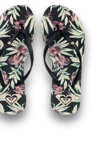 Zwarte flip-flops met een gestructureerde zool met een bloemontwerp in groen, roze en paars. Zwarte banden met een kleine logo-accent.