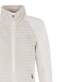 Fleece bunda s vysokým golierom, so strihaním na rib, v svetlom béžovom odtieni, hladká tkanina na pleciach a zips s akcentovaním detailov.