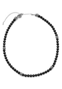 Black bead necklace featuring smooth, round beads with silver spiral accents and a chain extension for adjustable length.