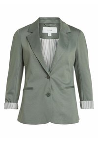 Blazer vert olive clair avec deux boutons, revers crantés, deux poches avant et manches retroussées à rayures montrant une doublure blanche avec de fines lignes noires.