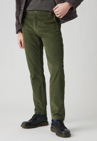 Pantalones de pana verde con corte recto, que cuentan con bolsillos frontales y cierre de botón, combinados con zapatos negros y calcetines azules.