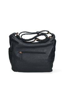 Borsa a mano in pelle nera con superficie testurizzata, hardware in tono oro, tasca frontale con zip e doppi manici.