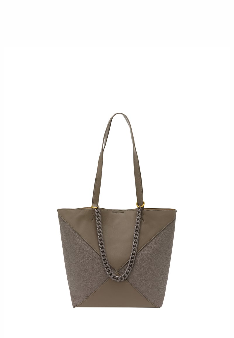 Tote bag i dæmpet taupe læder, med en tekstureret trekantsbund, glat overdel, flettet rem og guldsmykker.