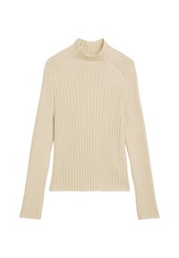 Geribbeld gebreide longsleeve top in off-white met een hoge kraag en een slim fit. Heeft een verticale textuur en een cropped zoom.