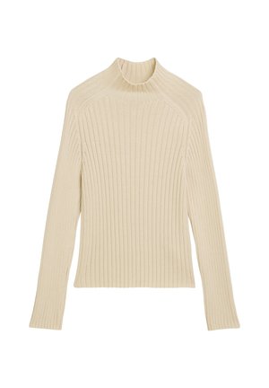 Geribbeld gebreide longsleeve top in off-white met een hoge kraag en een slim fit. Heeft een verticale textuur en een cropped zoom.