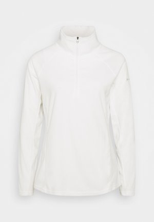 Pullover branco de felpa com gola alta e fecho de zip de meio comprimento, com mangas raglan e uma textura suave. Design simples e funcional.