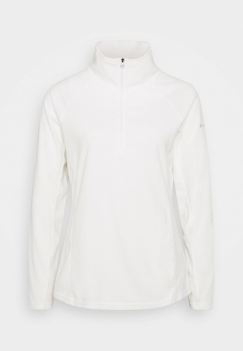 White fleece pullover with a high collar and half-zipper, featuring raglan sleeves and a smooth texture. Simple and functional design.