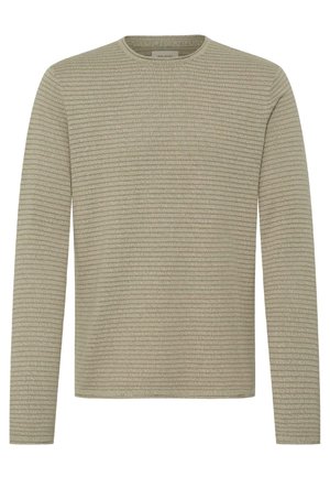 Camisa de manga larga beige claro con un patrón de rayas texturizadas. Cuello redondo y ajuste estándar sin adornos ni logotipos.