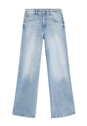Jeans a gamba larga di colore azzurro chiaro realizzati in denim, con vita alta, design a cinque tasche e accessori in tono oro con dettagli di sfumature leggere.