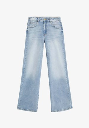 Light blue wide-leg jeans made of denim, featuring a high waist, five-pocket design, and gold-tone hardware with faint whiskering details.