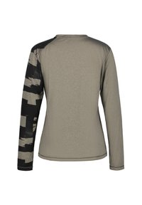 Langsleeve shirt in olijfgroen met een zwart patroon op de mouwen. Gemaakt van een gladde, gestructureerde stof met een ronde halslijn en rechte onderrand.