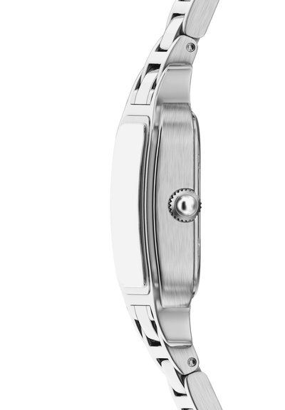 Zilveren metalen horloge met een rechthoekige kast, een glad geborsteld oppervlak, een kroon aan de zijkant en een armband van schakels met gepolijste accenten.
