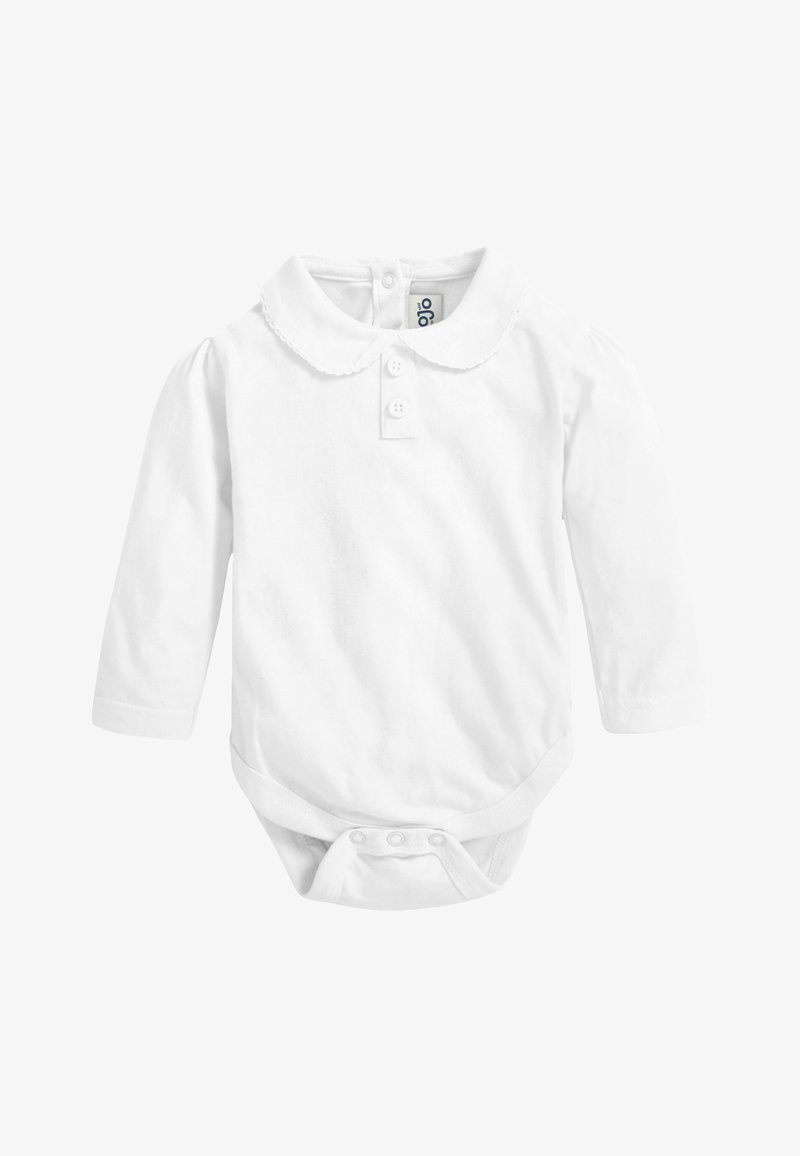 Bijeli dugih rukava baby bodi s ovratnikom, s dvostrukim gumbima i mekanim materijalom. Ima kopčanje na dnu za lako oblačenje.