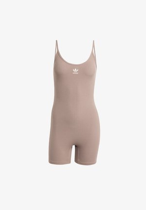 Ribota bodijs gaisā bežā krāsā ar plānām siksniņām un apaļu kakla izgriezumu, ar mazu balto Adidas logo uz krūtīm. Īsas kājas.