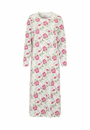 Langes weißes Kleid mit langen Ärmeln, versehen mit einem rosa-grünen Blumenmuster und kleinen gelben und blauen Akzenten.