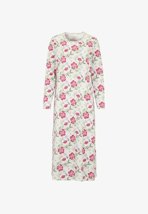 Langes weißes Kleid mit langen Ärmeln, versehen mit einem rosa-grünen Blumenmuster und kleinen gelben und blauen Akzenten.