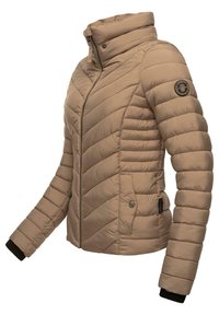 Light beige puffer jacket with a high collar, diagonal quilted design, zip front, black cuffs, and a circular logo patch on the sleeve.