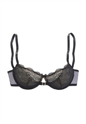Black lace bra with decorative gold floral pattern, underwire support, satin straps, mesh side panels, and a central embellishment detail.