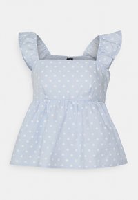 Light blue sleeveless blouse with white polka dots, square neckline, and ruffled shoulder straps, fitted at bust with flared waist.