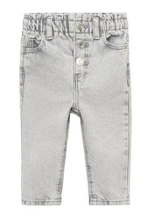 Pantaloni in denim grigio con vita elasticizzata, chiusura frontale a tre bottoni e tasche laterali. Il tessuto ha una consistenza liscia e una leggera scoloritura.