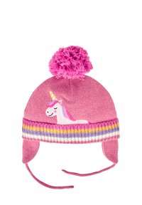 Roza pletena kapa s fluffy pom-pomom, koja na strani ima dizajn jednoroga, prugasti rub u ljubičastoj, žutoj i bijeloj boji, te preklopima za uši.
