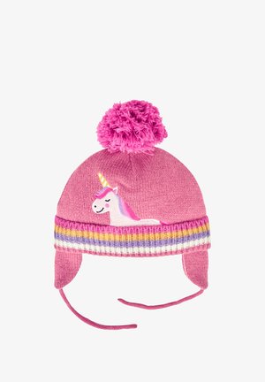 Cappello di maglia rosa con un pompon morbido, dotato di un design di unicorno sul lato, fascia a righe in viola, giallo e bianco, e orecchiette.