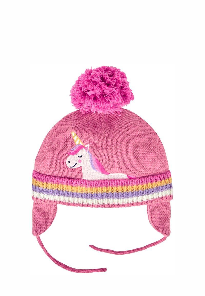 Rožinė megzta kepurė su pūkuotu pom-pomu, šone turi vienaragio dizainą, juostelė purpurinės, geltonos ir baltos spalvų akcentais, bei ausų apsaugos.