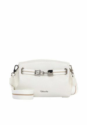 Valkoinen teksturoitu nahkainen olkalaukku hopeinen lukollisella yksityiskohdalla, irrotettava raidallinen kangashihna ja pieni metallinen logo edessä.