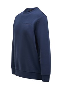 Felpa blu navy con scollo rotondo, maniche lunghe, polsini e orlo a costine, con logo ricamato sul petto. Materiale morbido in misto cotone.