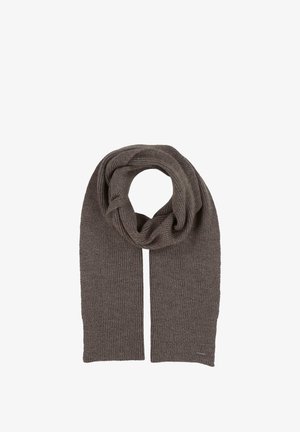 Brown ribbed knit scarf with a soft texture, featuring a looped design and finished edges, displaying a small brand tag.