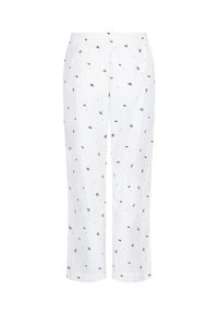 Witte pyjamabroek met een elastische tailleband, voorzien van een verspreid bloemenpatroon in zwart en rood. Lichtgewicht stof met een losse pasvorm.