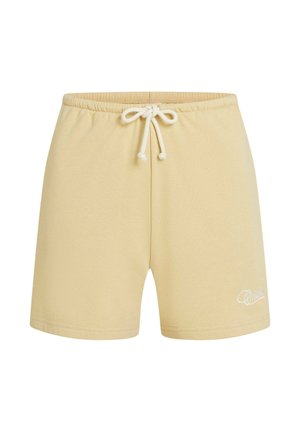 Katoenen short in lichtgele kleur met een elastische tailleband, trekkoord en een wit geborduurd logo aan de onderkant links.