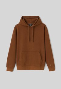 Sweat à capuche marron à manches longues avec poche avant et capuche à cordon, présenté sur un fond gris clair.