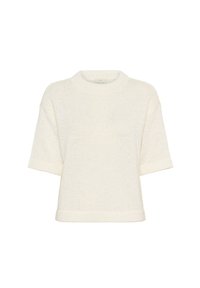 Pull en maille à manches courtes de couleur crème avec un col rond, présentant un tissu texturé et une coupe décontractée.