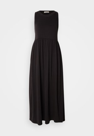 Schwarzes, ärmelloses Maxikleid mit Rundhalsausschnitt, gerafft in der Taille und mit fließendem Rock. Hergestellt aus weichem, elastischem Stoff mit glatter Textur.