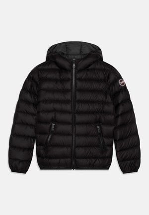 Black puffer jacket with a hood, quilted design, zippered front, and two side pockets. Smooth texture and elasticized cuffs.