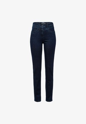 Granatowe, dopasowane jeansy z wysokim stanem, posiadające przednie kieszenie, szlufki na pasek oraz zapięcie na guzik, pokazane na białym tle.