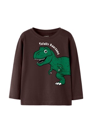Chemise marron à manches longues pour enfants avec un dinosaure dessin animé vert et le texte "Totally Roarsome" au-dessus de la tête du dinosaure.