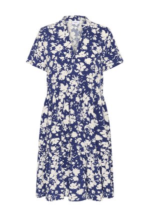 Floral-print dress featuring a navy blue background with white blossoms, short sleeves, a V-neckline, and a tiered skirt design.