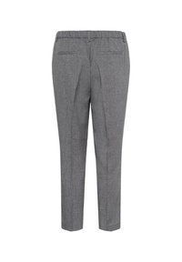 Pantalons grijs sur mesure avec une taille élastique, jambes droites et deux poches arrière. Fabriqués à partir d'un tissu texturé avec un motif subtil.