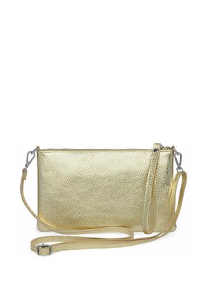 Gold textured leather crossbody bag with a zip closure. Features an adjustable strap and silver hardware accents. Rectangular shape.