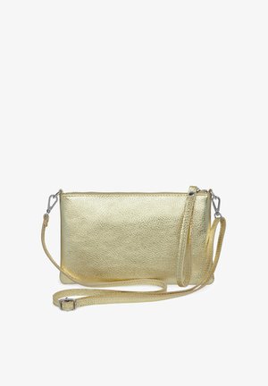Gold textured leather crossbody bag with a zip closure. Features an adjustable strap and silver hardware accents. Rectangular shape.