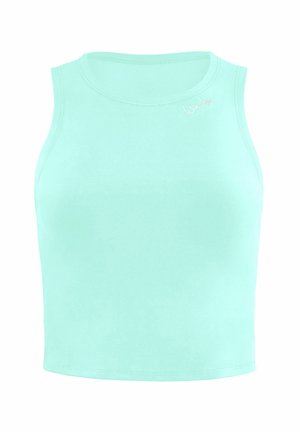 Top mint deschis, fără mâneci, cu decolteu rotund și material neted, elastic. Prezintă un mic logo pe piept.