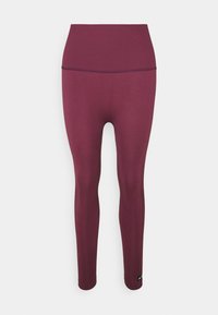 Leggings bordeaux con una vita alta, cuciture sottili e una texture liscia ed elastica. Presentano un piccolo logo sulla parte bassa della gamba.