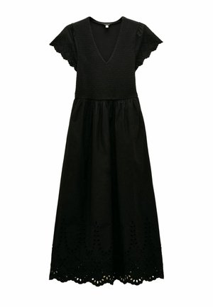 Czarna sukienka midi z dekoltem w kształcie litery V, teksturowanym gorsetem, krótkimi rękawami zakończonymi falbanką oraz haftem ozdobnym z dziurkowanym wzorem na dole i rękawach.