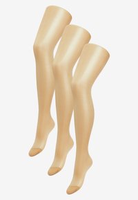 Tre par av nakna thigh-high strumpor, med en slät textur, genomskinligt material och förstärkt tåområde. Sömlös toppdesign.