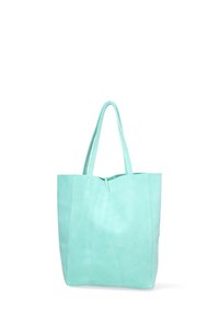 Muntgroene tote bag gemaakt van zacht, glad materiaal. Beschikt over twee stevige handvatten en een eenvoudig, stijlvol ontwerp zonder zichtbare hardware.