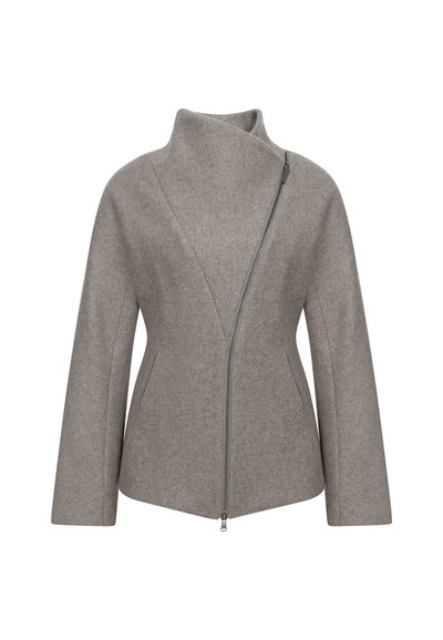 Gray wool blend jacket with an asymmetrical zip closure, wide collar, and structured silhouette. Features long sleeves and smooth texture.