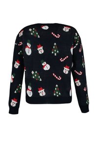 Granatowy sweter z wzorami na całej powierzchni przedstawiającymi dzianego bałwana, choinkę oraz laski świąteczne w kolorach białym, zielonym i czerwonym. Długi rękaw i okrągły dekolt.