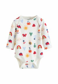 Bodysuit dla niemowląt z długim rękawem w kolorze ecru, zdobiony różnorodnymi kolorowymi wzorami, w tym owadami, kwiatami, tęczami i uśmiechami.